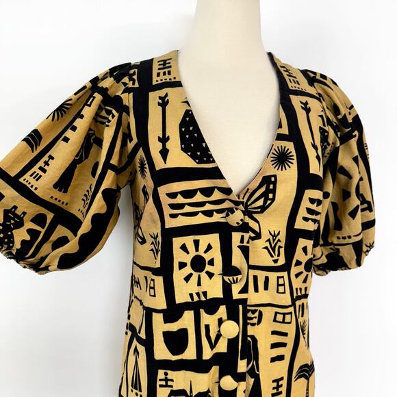 FARM Rio Linen Button-Down Jumpsuit Short Balloon Sleeve Beige/Black S - Picture 4 of 13